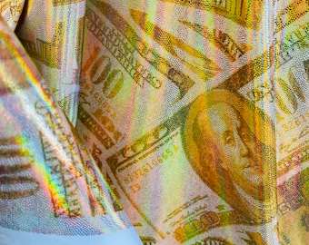 Metallic Gold Money Print Fabric: 100 Dollar Bills Stretch Spandex