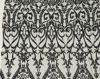 Black Sequin Damask Fabric - 4 Way Stretch Spandex Mesh, Sold By The Yard