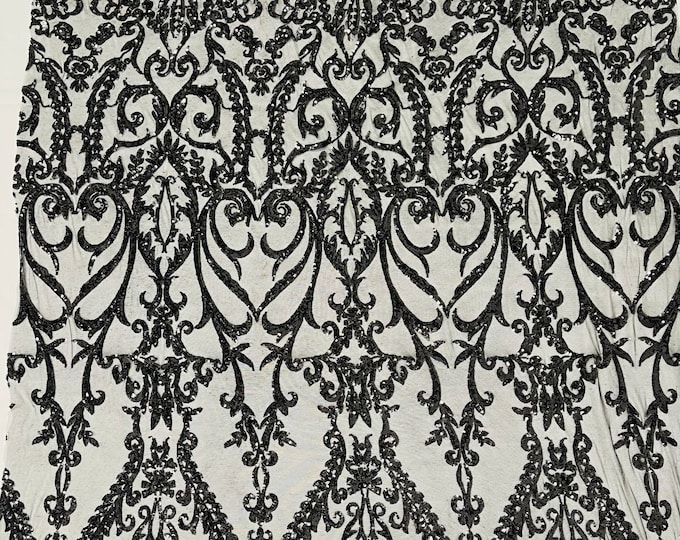 Black Sequin Fabric Sold By The Yard - on Spandex Mesh - Damask Design 4 Way Stretch Sequins Fabric