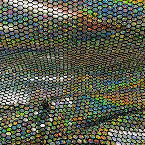 Honeycomb Foil Fabric - Iridescent Silver - Hexagon Print On Black Spandex Fabric By The yard, (Choose The Size)