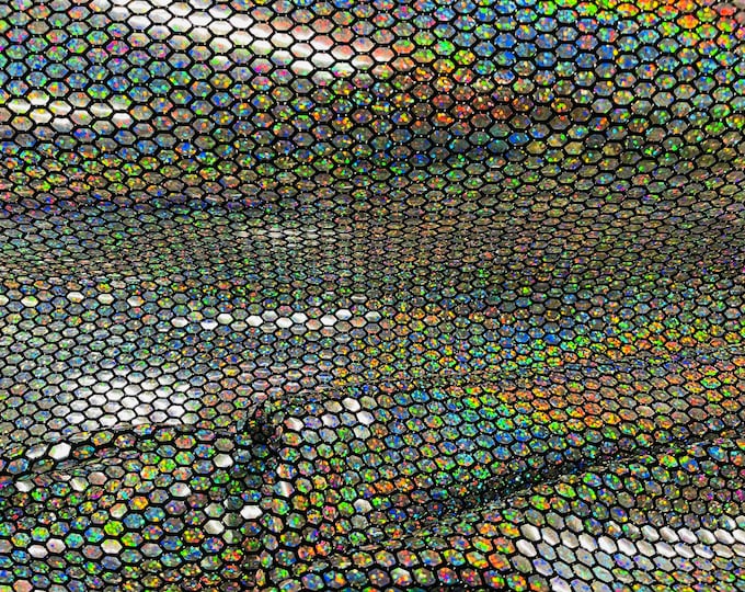 Honeycomb Foil Fabric - Iridescent Silver - Hexagon Print On Black Spandex Fabric By The yard, (Choose The Size)