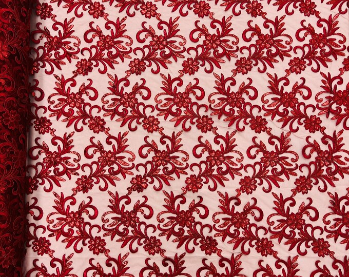 Burgundy Floral Lace Fabric, by the yard - Embroidery With Sequins on a Mesh Lace Fabric For Gown, Wedding-Bridal