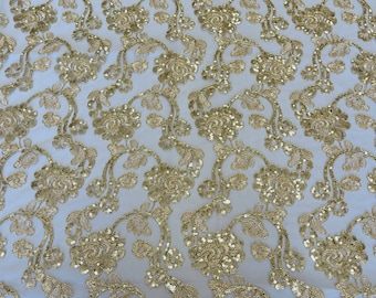 Champagne Metallic Floral Sequin Lace Fabric, Corded Embroidery, Sold By The Yard