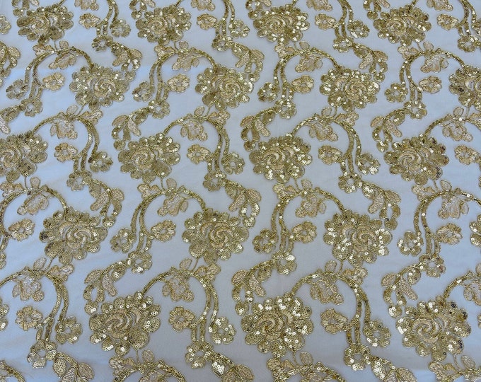 Mia Fabrics, Champagne Metallic Mesh Embroidery Corded Lace With Sequins, Flower Lace Sequin Sold by the yard (Pick a Size)