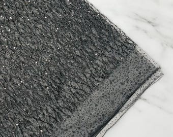 Black Sparkling Glitter Beads Sequin Fabric, Wave Design Glitter Beads, Beaded Fabric Embroidered on a Mesh Lace Wedding Bridal Dress