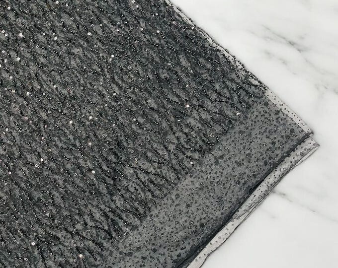 Black Sparkling Glitter Beads Sequin Fabric, Wave Design Glitter Beads, Beaded Fabric Embroidered on a Mesh Lace Wedding Bridal Dress
