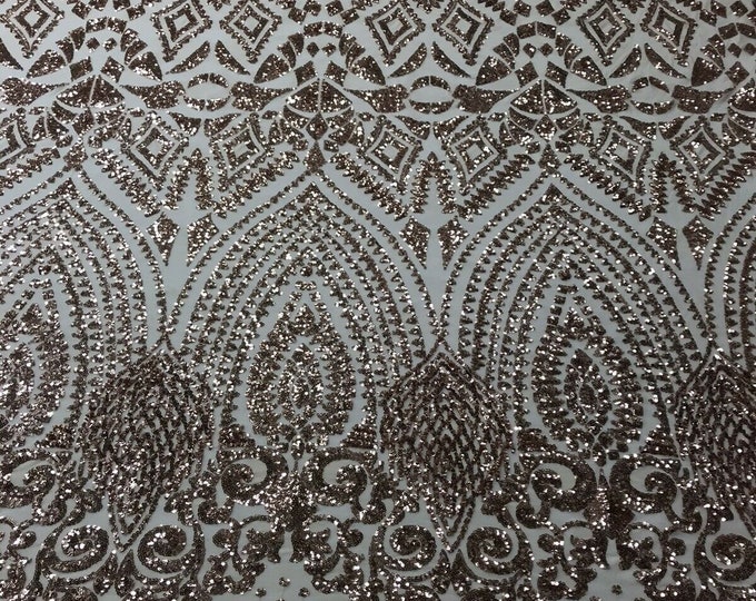Rose Gold - 4 Way Stretch Geometric Sequins Bella Design on Mesh Fabric for Prom Gala Gown Sold By The Yard