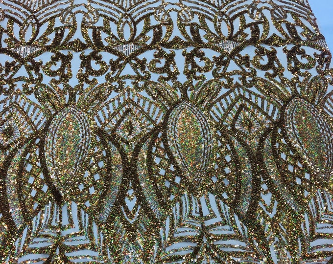Hologram Gold Sequins Lace Fabric On a Mesh, Royalty Design Embroidered On 4way Stretch Sequin By Yard -Prom-Gown ( Choose The Size )