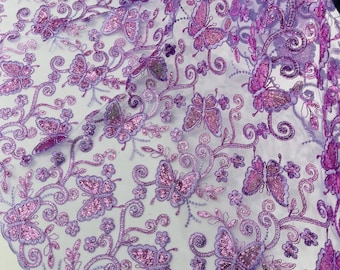 Lilac Butterfly Embroidered Lace Fabric with Metallic Thread & Sequins by yard