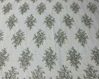Embroidered Floral Beaded Mesh Fabric - Silver Wedding Bridal Lace