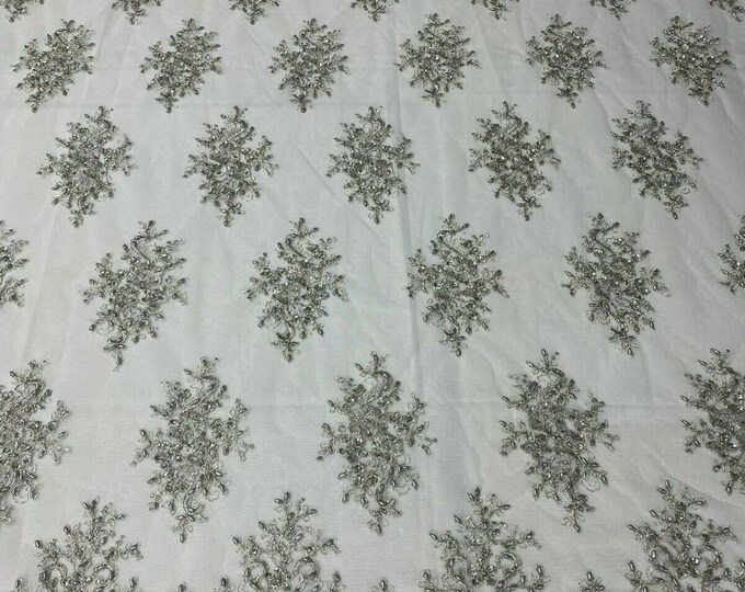 Silver /White Mesh Floral Cluster Bead Fabric - Embroidered Flower Beaded Fabric Wedding Bridal Sold By Yard