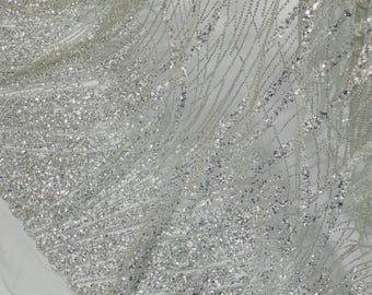Silver Beaded Fabric, FASHION Embroidered Mesh Lace, Bridal Wedding Dress Fabric
