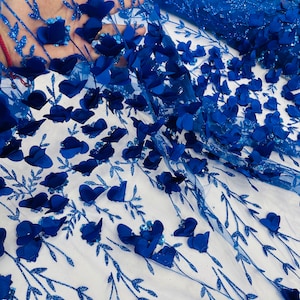 Royal Blue 3D Flower Glitter Sequin Fabric by the yard, Royal Blue 3D Floral Glitter Sequin On Mesh for wedding dress Quinceañera