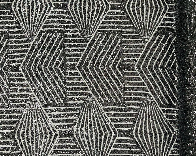 Geometric Sequins Fabric | Black Sequin Fabric | by the yard | Geometric Diamond Design | 4 Way Stretch Mesh | Geometric Design