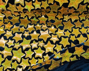 Metallic Gold Sequin Stars on Black Stretch Velvet Fabric