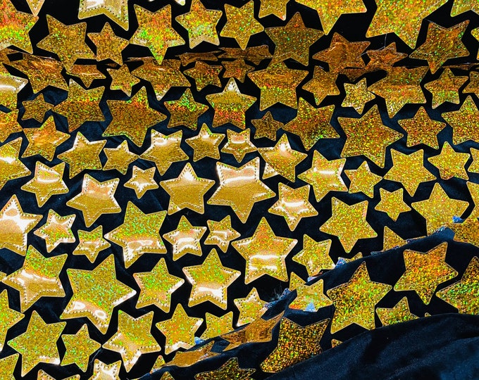 Hologram Metallic Gold Sequins Velvet Fabric | Sequin Stars Design on Black Stretch Velvet | by the yard | Iridescent Sequins