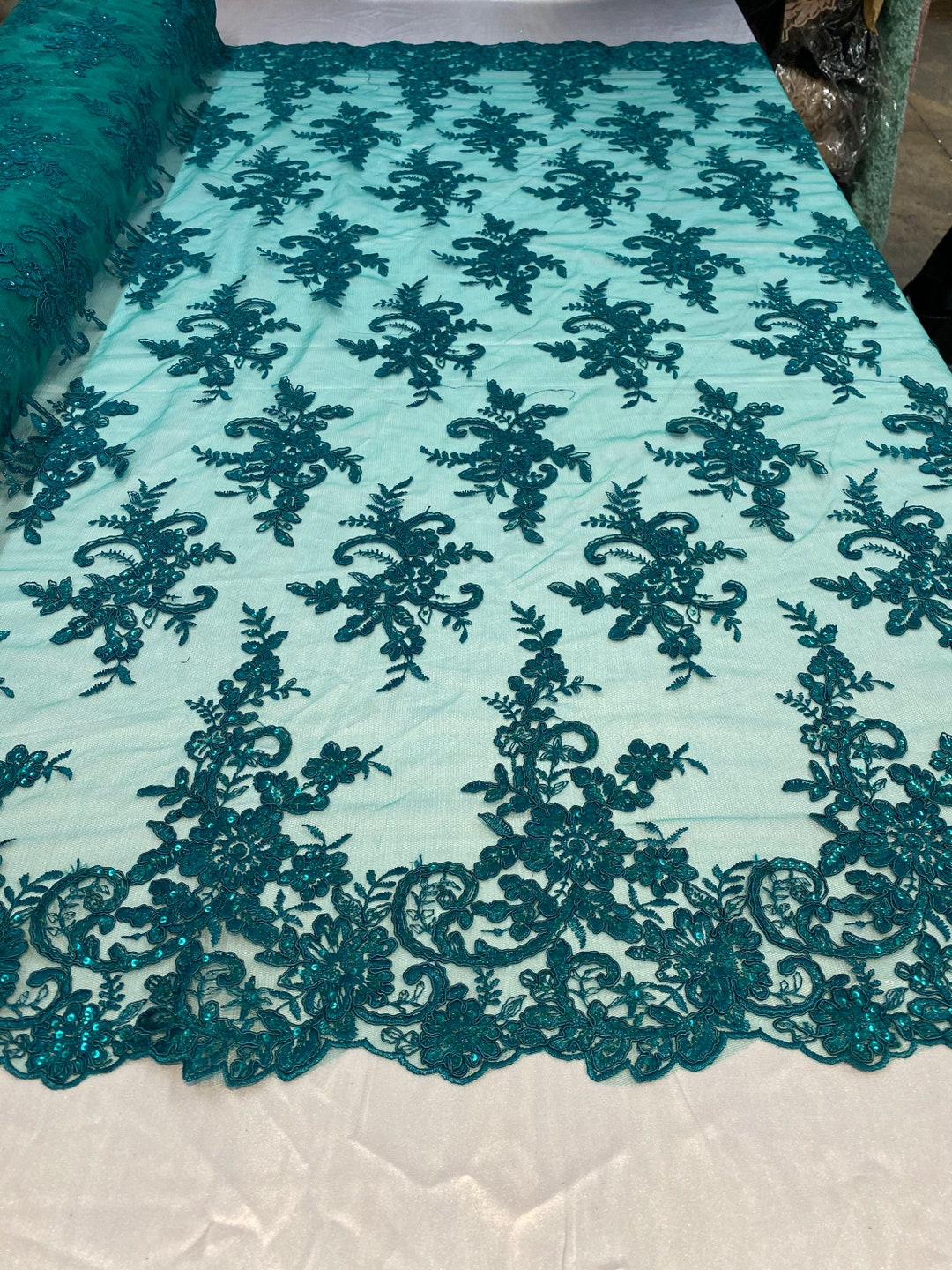 Hunter Green Lace Fabric Corded Flower Embroidery With Etsy