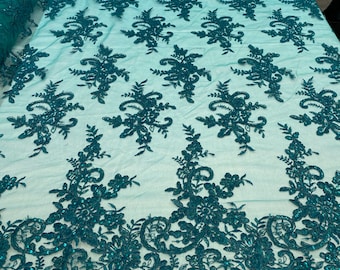 Hunter Green Floral Lace Fabric: Sequined Embroidery Mesh, Bridal Gown Fabric