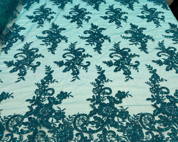 Hunter Green Lace Fabric, Corded Flower Embroidery With Sequins on a Mesh Lace Fabric By The Yard For Gown, Wedding-Bridal-Dress