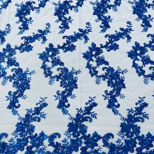 Royal Blue Floral Lace Fabric, by the yard - Embroidery With Sequins on a Mesh Lace Fabric For Gown, Wedding-Bridal
