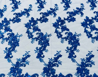 Royal Blue Floral Lace Fabric with Sequins, Wedding Gown Lace, By The Yard