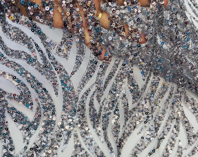 Dark Gray Beaded Lace Fabric: Embroidered Mesh, Wedding, Bridal Dress