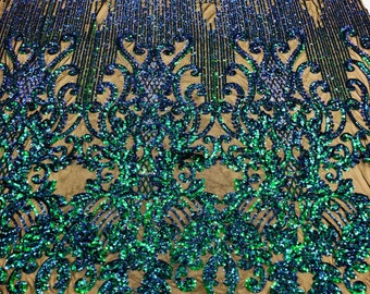 Iridescent Green Sequin Lace Fabric: Damask Embroidered Mesh, 4-Way Stretch