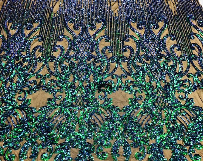Iridescent Green Sequins Lace Fabric On Mesh Damask Design Embroidered On 4 way Stretch Sequin By The Yard -Prom-Gown ( Choose The Size )