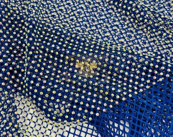 Royal Blue Rhinestone Fishnet Fabric: Iridescent Crystal Spandex