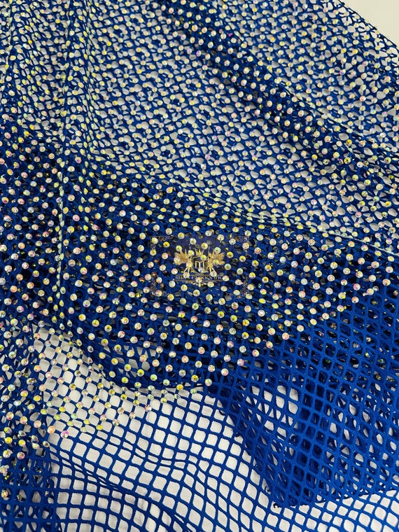 Irisierender Strass Stoff Bulk Stock Auf Royal Blue Stretch Netz Stoff,  Elasthan Fischnetz mit Kristallsteinen - .de