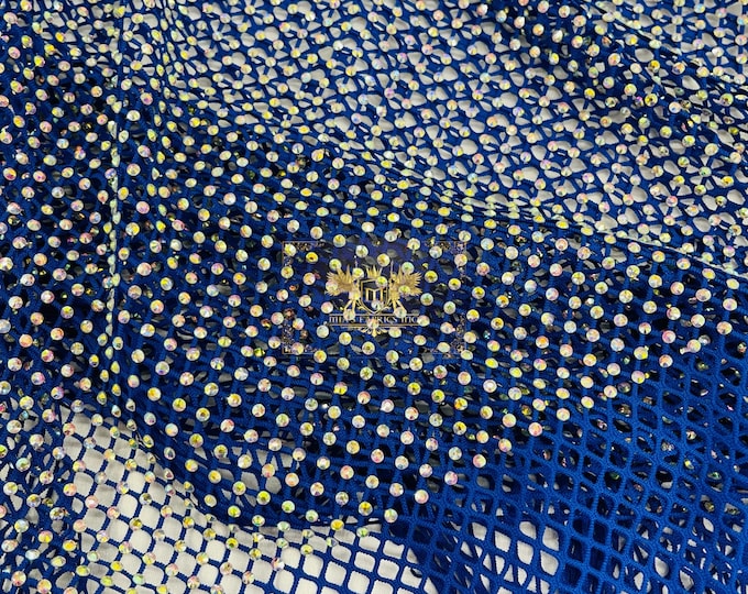 Iridescent Rhinestones Fabric by the yard On Royal Blue Stretch Net Fabric, Spandex Fish Net with Crystal Stones