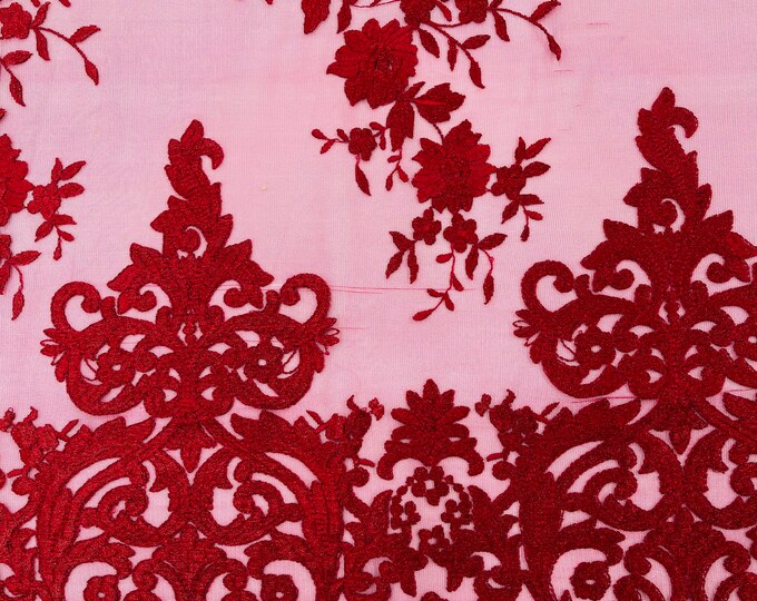 BURGUNDY Damask Design Embroidered on Mesh Lace Fabric, Floral Bridal Lace Wedding Dress by the Yard (Pick a Size)