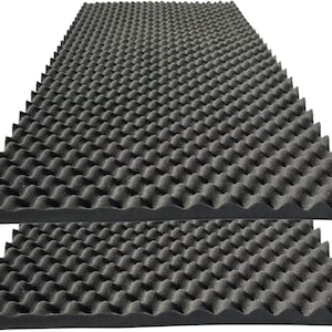 May include: Two black acoustic foam panels with a wave pattern. The panels are made of sound-absorbing material and are designed to reduce noise and improve sound quality.