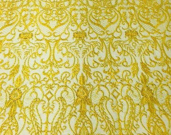 Yellow Damask Beaded Fabric: Embroidered Floral Mesh, Bridal Wedding Fabric
