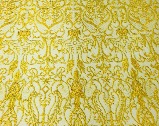 Glam Damask Beaded Fabric, Yellow - Embroidered Fashion Fabric with Beads Wedding Bridal Sold By Yard