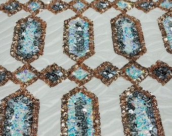 Sequin Lace Fabric, Jewel Design, Embroidered Mesh, 4-Way Stretch