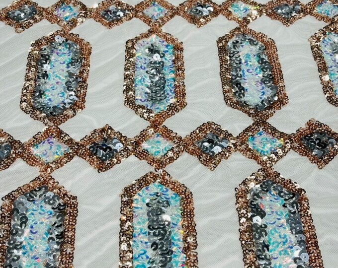 Multi Color Sequin Lace Fabric, Jewel Design Embroidered on a Mesh 4 way Stretch Sequins Sold By Yard ( Choose The Size )