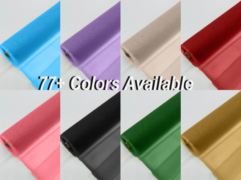May include: A variety of colours of fabric rolls, including light blue, lavender, beige, red, pink, black, green, and gold. The text "77+ Colours Available" is displayed in the centre of the image.