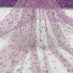 Dk Lilac, Scattered Pearls Studded Mesh, by the yard - 2 Way Stretch, Pearls On Mesh, Scattered Pearls on Mesh, Bead Wedding Bridal Dress