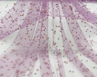 Dk Lilac, Scattered Pearls Studded Mesh, by the yard - 2 Way Stretch, Pearls On Mesh, Scattered Pearls on Mesh, Bead Wedding Bridal Dress