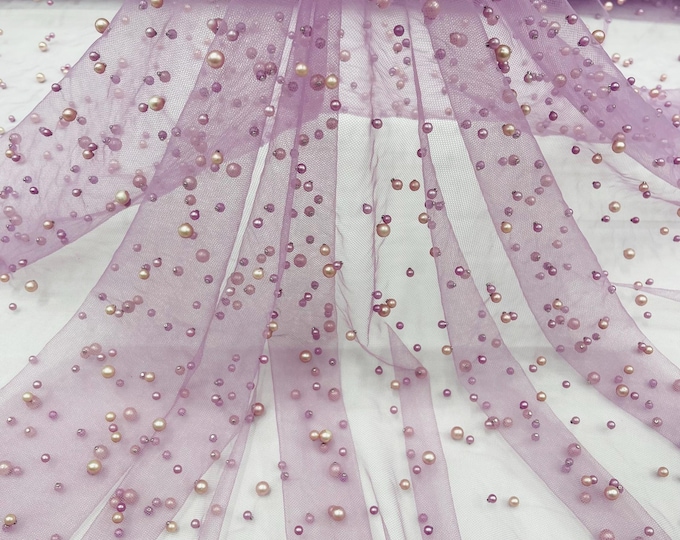 Dk Lilac, Scattered Pearls Studded Mesh, by the yard - 2 Way Stretch, Pearls On Mesh, Scattered Pearls on Mesh, Bead Wedding Bridal Dress