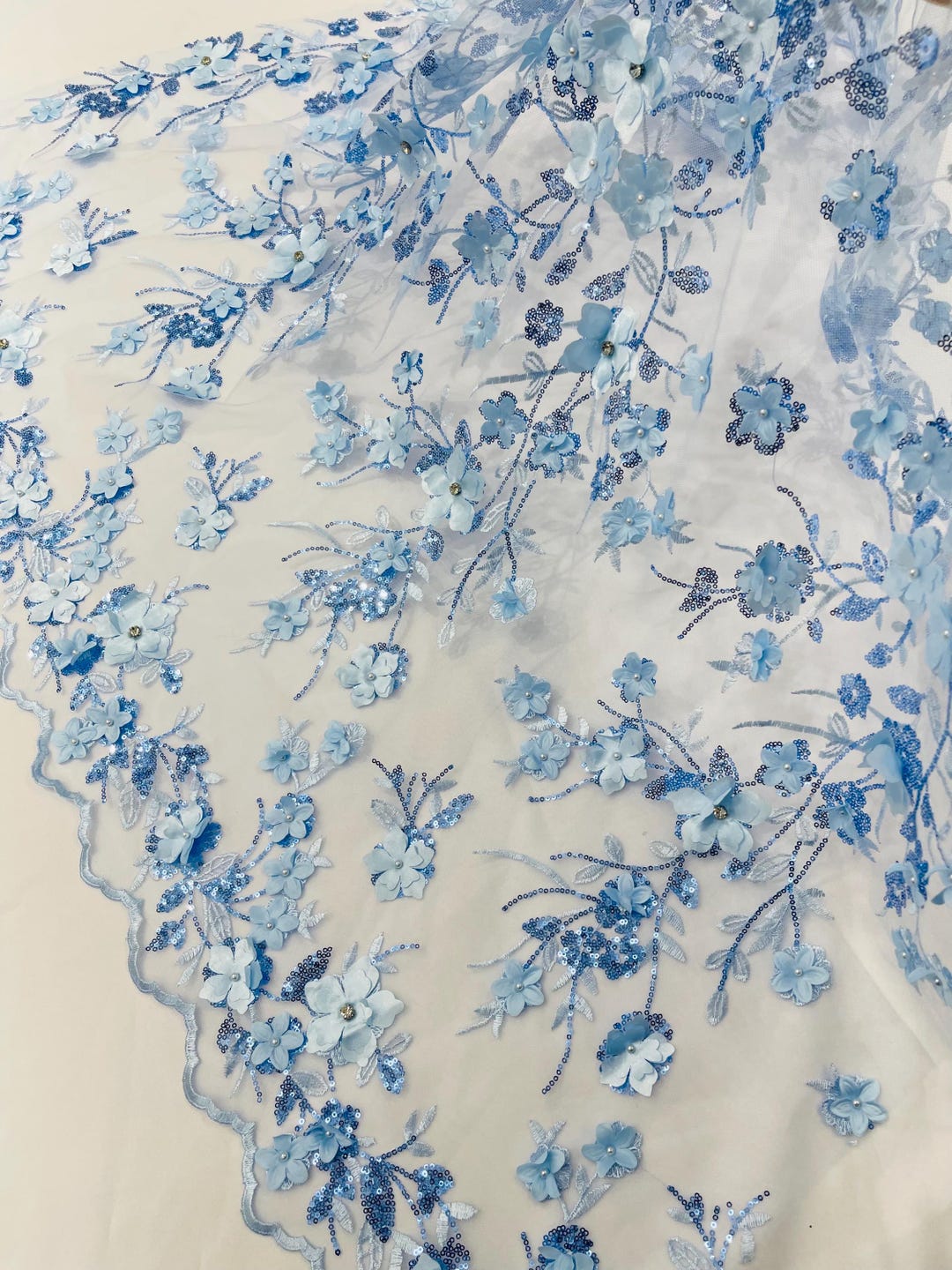 Baby Blue 3D Floral Lace Fabric Sequin: Embroidered With Pearls and ...