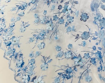 Baby Blau 3D Blumen Spitze Stoff Pailletten: Bestickt mit Perlen und Strass Blumen