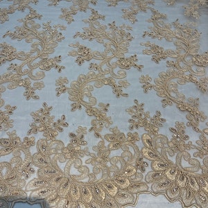Lt Champagne - Floral Lace Fabric, Embroidery With Sequins on a Mesh Lace Fabric By The Yard For Gown, Wedding-Bridal (Choose The Quantity)