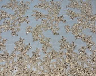 Champagne Floral Lace Fabric: Embroidered Sequins Mesh, Bridal Gown Material