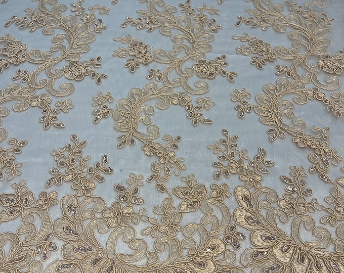 Lt Champagne - Floral Lace Fabric, Embroidery With Sequins on a Mesh Lace Fabric By The Yard For Gown, Wedding-Bridal (Choose The Quantity)