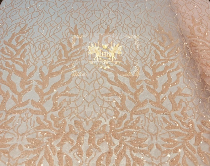 Peach Sequins Fabric, DAMASK Design Embroidered On a Mesh 4 way Stretch Sequin, Lace Fabric, Prom-Gown By The Yard ( Choose The Size )