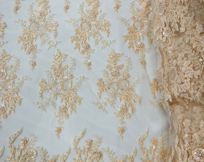 Peach Flower Cluster Beaded Fabric | by the yard | Embroidered Beaded Layered Border Fabric, Lace Beaded