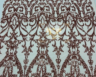 Rose Gold Sequin Lace Fabric: Blush Embroidered Mesh, Prom Gown Fabric
