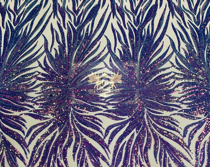 Iridescent Lavender Sequin on Nude Mesh - 4 Way Stretch Phoenix Wing Sequin Spandex Mesh Fabric for Prom Gala Gown Sold By Yard